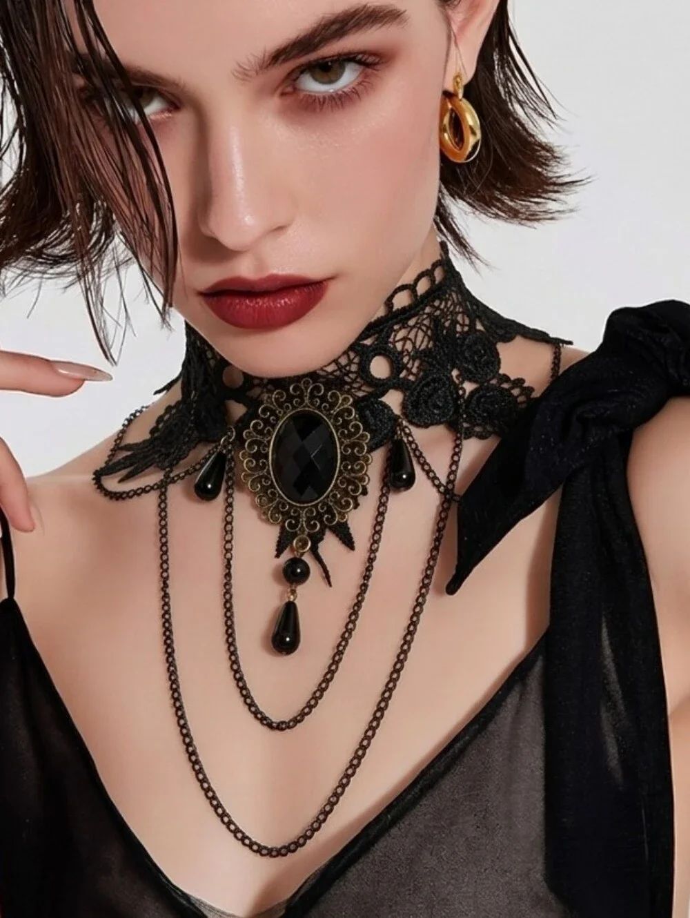Gothic Victorian Lace Choker Black Gem Cascade Chains Steampunk Vampire Necklace